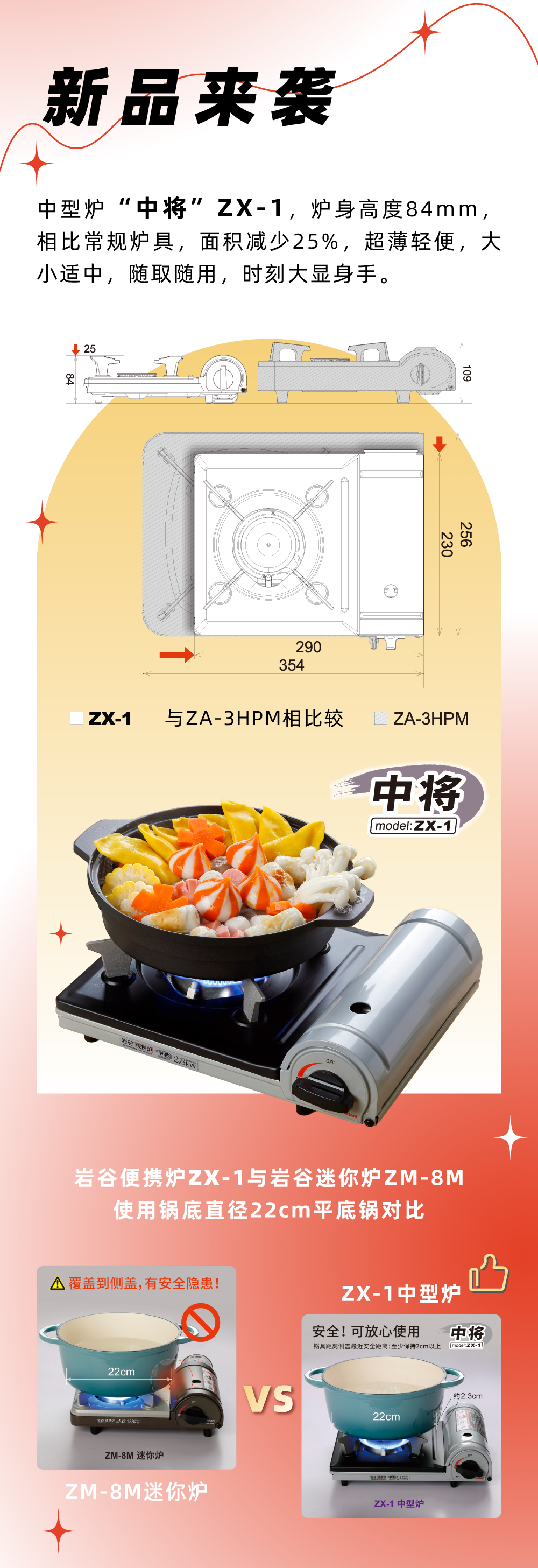 巖谷便攜爐ZX-1，爐身高度84mm，相比常規(guī)爐具，面積減少25%，
超薄輕便，大小適中，隨取隨用，時刻大顯身手。
